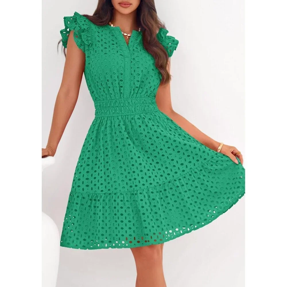 Women's Green V Neck Eyelet Cap Sleeve Summer Beach Vacation Sundresseses